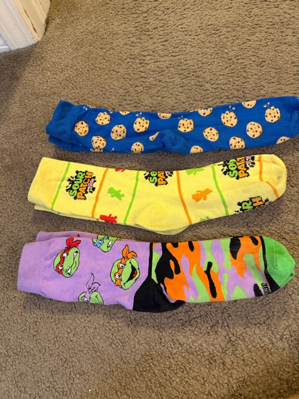 Novelty Crew Socks Bundle - Blue Cookie, Yellow Sour Patch, Purple Ninja Turtles